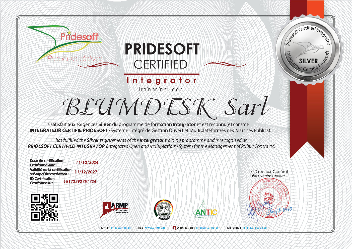 Certificat Pridesoft Silver Blumdesk Sarl